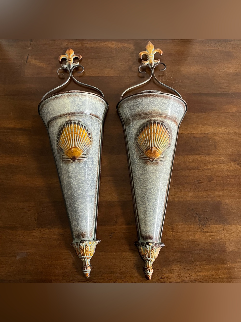 Pair of Coastal Wall Sconces in Cream with Gold Accents